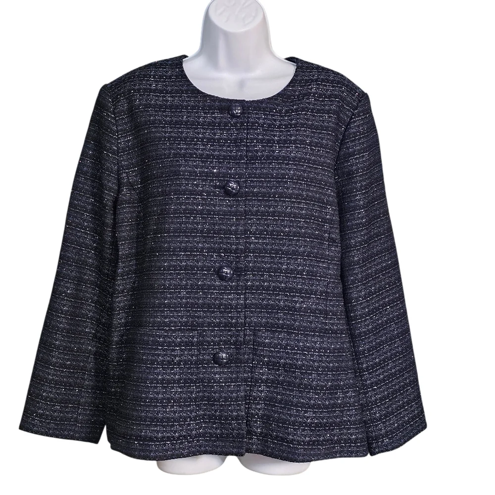 On 34Th Blue Metallic Tweed Collarless Pockets Blazer Womens Jacket Size XL
